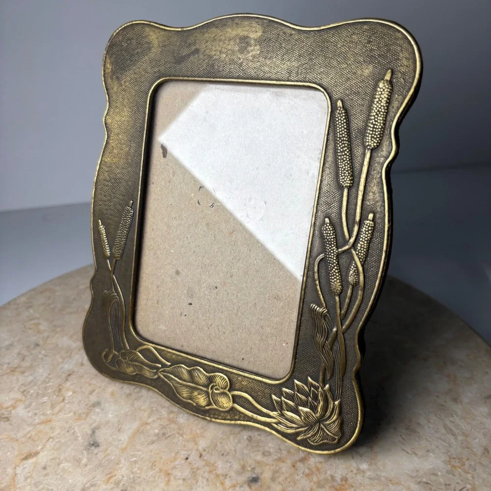Vintage Art Nouveau Picture Frame 6.5x5.5 Gold Brass Tone Cattails Water Lily